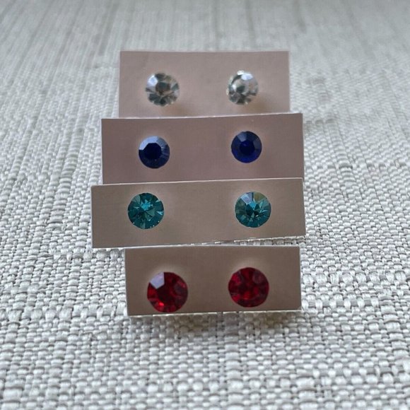 Women Stud Earrings Fashion Jewelry Blue Red Green Clear Tone Lot of 4 - Picture 2 of 11
